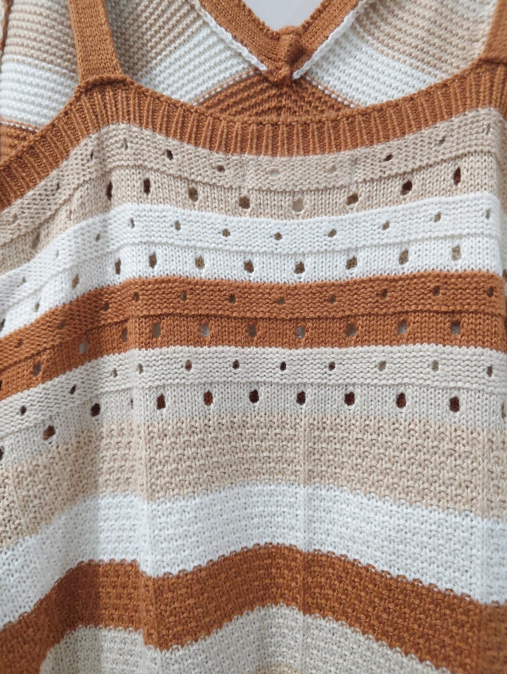 ULTRA FLIRT Boho Crochet Knit Stripe Mini Dress, Vacation, Festival, Cream Brown - Picture 8 of 10